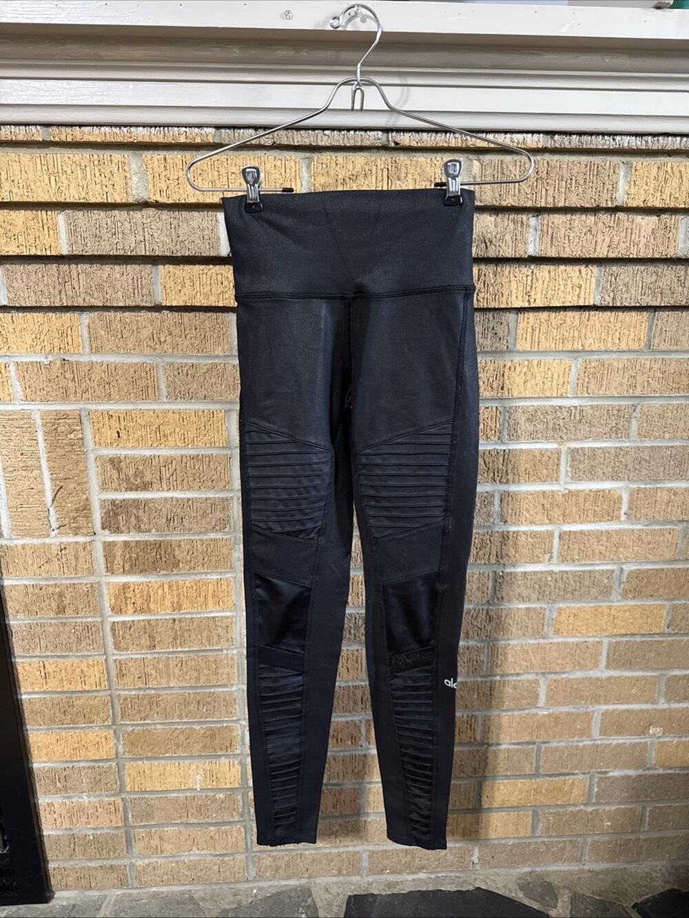 Alo Yoga Women's 7/8 High-Waist Patent Mixed Moto Legging, Black, XS